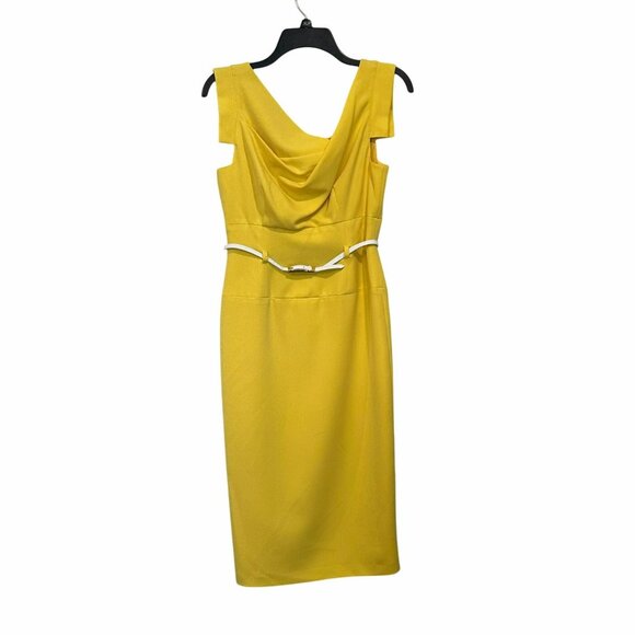 ✨Black Halo Size 4 Women's Yellow Cowl Neck Sheath Midi Length Dress ✨